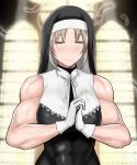  abs biceps breasts cracking_knuckles feathers grey_hair half-closed_eyes muscle muscular_female nijisanji shibusun sister_cleaire veins 