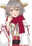  1girl :d absurdres blush brown_eyes detached_sleeves dokuganryuu grey_hair hair_between_eyes hair_ornament hairclip haruna_(kantai_collection) headgear highres kantai_collection long_hair looking_at_viewer nontraditional_miko open_mouth red_scarf red_skirt remodel_(kantai_collection) scarf simple_background skirt smile solo upper_body white_background 