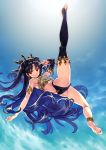  1girl anklet armlet ass asymmetrical_legwear asymmetrical_sleeves bangs black_bikini_bottom black_hair blue_sky breasts detached_collar detached_sleeves earrings fate/grand_order fate_(series) feet flying_kick highres hoop_earrings ishtar_(fate/grand_order) jewelry kicking leg_up legs long_hair looking_at_viewer matsuryuu neck_ring parted_bangs red_eyes single_detached_sleeve single_thighhigh sky smile solo thigh-highs tiara toeless_legwear two_side_up white_bikini_top 