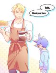  2boys ahoge apron batakopart2 blonde_hair blue_hair child coffee_pot english_text food galo_thymos holding holding_plate kray_foresight looking_at_another male_focus multiple_boys pajamas pancake plate promare shirt short_sleeves simple_background speech_bubble spiky_hair stack_of_pancakes standing white_background white_shirt younger 