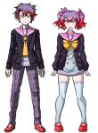  1_boy 1_girl bow breasts eighth_note genderswap necktie otonokoji_hibiki purple_eyes purple_hair red_hair super_dangan_ronpa_another_2 violet_eyes 