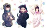  1girl 2boys adjusting_clothes ahoge amatori_chika animal_hood black_hair bob_cut breasts bunny_hood bunny_tail cat_hood cat_tail covered_mouth cropped_torso dog_hood dog_tail drawstring glasses green_eyes hand_up hands_in_pockets high_collar hood hood_up hoodie jewelry kuga_yuuma long_sleeves looking_away looking_up mikumo_osamu multiple_boys paw_print red_eyes ring shimotsuki_sima sideways_glance sweatdrop tail turtleneck violet_eyes white-framed_eyewear white_background white_hair world_trigger 