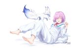  1girl animal artist_name barefoot blush closed_eyes commentary_request eyebrows_visible_through_hair fate/grand_order fate_(series) fou_(fate/grand_order) hair_over_one_eye lavender_hair lying mash_kyrielight pajamas purple_hair short_hair simple_background skyrail smile solo tail white_background 