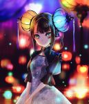  1girl barcode_tattoo black_hair china_dress chinese_clothes dress floral_print lantern looking_at_viewer multicolored multicolored_eyes original paper_lantern sanamisa sidelocks tassel tattoo upper_body 