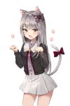  1girl :d animal_ears black_jacket bow brown_eyes cat_ears cat_girl cat_tail churi_(oxxchurixxo) collared_shirt cowboy_shot fang grey_bow grey_hair grey_shirt hair_bow hands_up highres jacket long_hair long_sleeves looking_at_viewer miniskirt open_mouth original paw_pose pleated_skirt red_bow shirt simple_background skirt smile solo tail tail_bow white_background white_skirt 