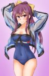  1girl alternate_costume anti_(untea9) arms_up blue_jacket blue_swimsuit blush breasts closed_mouth covered_navel eyebrows_visible_through_hair gradient gradient_background highres jacket kamikaze_(kantai_collection) kantai_collection large_breasts long_hair one-piece_swimsuit ponytail purple_hair ribbon smile solo swimsuit swimsuit_under_clothes thighs yellow_ribbon 