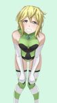  1girl absurdres akatsuki_kirika ass_visible_through_thighs bare_shoulders blush breasts commentary_request elbow_gloves gloves green_eyes green_leotard hair_between_eyes highres leotard looking_at_viewer medium_breasts olive_(u7mes1x) parted_lips senki_zesshou_symphogear shiny shiny_hair shiny_skin short_hair smile solo standing striped striped_legwear teeth white_gloves 