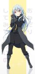  1girl :o bangs black_coat black_footwear black_pants blue_hair boots floating_hair full_body hair_between_eyes highres long_hair long_sleeves looking_at_viewer mikoto_kei pants red_eyes rimuru_tempest solo standing tensei_shitara_slime_datta_ken very_long_hair 