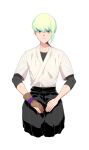  1boy alternate_hairstyle archery gloves green_hair half_gloves ke889 kneeling kyuudou lio_fotia male_focus otoko_no_ko partly_fingerless_gloves promare short_hair solo violet_eyes yugake 