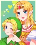  1boy 1girl :d ;t adult bangs bead_necklace beads blonde_hair blue_eyes blush bracer cheek_poking child circlet closed_mouth earrings elf eyebrows_visible_through_hair forehead_jewel gem green_background green_headwear heart height_difference hylian indisk_irio jewelry link long_hair necklace nintendo nintendo_ead open_mouth parted_bangs pointy_ears poking princess_zelda ruby_(gemstone) short_sleeves shoulder_armor sidelocks smile spaulders super_smash_bros. super_smash_bros_melee tabard the_legend_of_zelda the_legend_of_zelda:_a_link_between_worlds the_legend_of_zelda:_a_link_to_the_past the_legend_of_zelda:_ocarina_of_time triforce upper_body wavy_mouth young young_link 