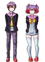  1_boy 1_girl big_breasts bow eighth_note genderswap necktie otonokoji_kanade purple_eyes purple_hair redhead super_dangan_ronpa_another_2 violet_eyes 