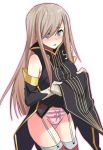  1girl blue_eyes blush breasts brown_hair gloves groin hair_over_one_eye hyakuen_raitaa long_hair looking_at_viewer panties simple_background solo tales_of_(series) tales_of_the_abyss tear_grants thigh-highs underwear white_background 