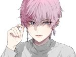  1boy androgynous bishounen cross cross_earrings earrings face highres hoop_earrings jewelry kazari_tayu looking_at_viewer male_focus original piercing pink_hair sanpaku short_hair upper_body white_background 