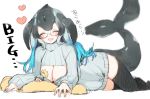 2girls :d ^_^ black_hair black_legwear blowhole blue_hair blue_nails blue_whale_(kemono_friends) blush breasts chibi cleavage_cutout closed_eyes commentary dress facing_viewer fins glasses gradient_hair grey_hair heart ichi_0w0 kemono_friends large_breasts long_hair long_sleeves lying minigirl multicolored_hair multiple_girls open_mouth ribbed_sweater simple_background sketch sleeves_past_wrists smile solo_focus sweater sweater_dress tail thigh-highs turtleneck turtleneck_sweater whale_tail_(animal_tail) white_background white_sweater xo zettai_ryouiki