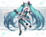  1girl absurdres aqua_eyes aqua_hair chinese_clothes double_bun hatsune_miku hatsune_miku_(vocaloid3) hatsune_miku_(vocaloid4)_(chinese) headphones headset highres long_hair skirt solo thigh-highs twintails very_long_hair vocaloid yukiyaii 