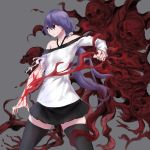  1girl bare_shoulders black_eyes black_legwear black_skirt blood eyebrows_visible_through_hair eyes_visible_through_hair grey_background highres holding injury long_hair original pulling purple_hair simple_background skeleton skirt skull solo thigh-highs tied_hair yeklsa 