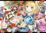  1girl alice_(wonderland) alice_in_wonderland apron back_bow black_ribbon blonde_hair blue_dress blue_eyes book bow card checkerboard_cookie cheshire_cat commentary cookie crown cup dodo_(bird) dress flower food glasses hair_ribbon hat hat_ornament heart heart_print highres holding holding_cup instrument looking_at_viewer neck_ruff piyo_(sqn2idm751) playing_card pocket_watch puffy_short_sleeves puffy_sleeves queen_of_hearts rabbit red_dress red_ribbon ribbon rose saucer scepter short_hair short_sleeves smile striped striped_legwear tea teacup trumpet watch white_bow white_rabbit 
