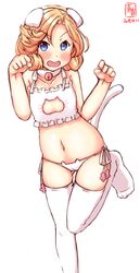  1girl absurdres alternate_costume animal_ears artist_logo ass_visible_through_thighs bell bell_choker blonde_hair blue_eyes bra cat_cutout cat_ear_panties cat_ears cat_lingerie cat_tail choker cleavage_cutout commentary_request dated frilled_bra frills highres janus_(kantai_collection) jingle_bell kanon_(kurogane_knights) kantai_collection lingerie looking_at_viewer meme_attire panties paw_pose short_hair side-tie_panties simple_background solo standing standing_on_one_leg tail thigh-highs underwear underwear_only white_background white_bra white_legwear white_panties 