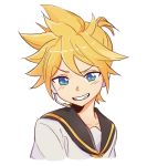  1boy bangs black_collar blonde_hair blue_eyes collar collarbone cropped_shoulders grin headphones headset highres kagamine_len looking_down looking_to_the_side m0ti male_focus microphone necktie sailor_collar school_uniform shirt short_hair short_ponytail smile smug solo spiky_hair upper_body v-shaped_eyebrows vocaloid white_background white_shirt yellow_neckwear 