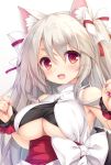  1girl :d animal_ear_fluff animal_ears azur_lane bangs bare_shoulders blush bow breasts dog_ears eyebrows_visible_through_hair fang fingernails hair_between_eyes hair_bow hands_up highres japanese_clothes large_breasts long_fingernails long_hair looking_at_viewer mikagami_mamizu nail_polish obi open_mouth purple_nails sash scrunchie silver_hair simple_background slit_pupils smile solo thick_eyebrows two_side_up under_boob underboob_cutout upper_body very_long_hair white_background white_bow wrist_scrunchie yuudachi_(azur_lane) 