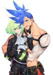  2boys blue_eyes blue_hair chin_grab cravat galo_thymos green_hair highres hug ke889 lio_fotia looking_at_viewer male_focus multiple_boys promare shirtless size_difference spiky_hair tongue tongue_out violet_eyes 