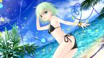  1girl :d absurdres arm_up ass bangs bare_arms bare_shoulders bikini bikini_under_clothes black_bikini blue_eyes blue_sky breasts chikawa_shibainu clouds cowboy_shot day eyebrows_visible_through_hair green_hair hair_between_eyes heart heart_of_string highres komeiji_koishi lens_flare light_particles looking_at_viewer no_hat no_headwear ocean open_mouth outdoors palm_tree petals scrunchie short_hair side-tie_bikini sky small_breasts smile solo swimsuit thighs touhou tree wrist_scrunchie 
