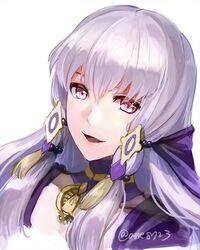  1girl ane-suisei fire_emblem fire_emblem:_three_houses hair_ornament long_hair lysithea_von_ordelia open_mouth pink_eyes simple_background solo twitter_username upper_body white_background white_hair 