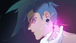  1boy blue_eyes blue_hair close-up disco_ball earrings face fire galo_thymos jewelry male_focus promare pukun purple_fire purple_pupils solo solo_focus spiky_hair 