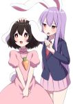  2girls :3 animal_ears annoyed black_hair blazer blush bright_pupils buck_teeth bunny_tail carrot_necklace commentary_request cowboy_shot dress dress_shirt ear_grab eyebrows_visible_through_hair hair_between_eyes hand_on_another&#039;s_head hands_together high_collar highres inaba_tewi jacket lavender_hair long_hair looking_at_another looking_away looking_up multiple_girls necktie open_mouth pink_dress pink_skirt pleated_skirt puffy_short_sleeves puffy_sleeves rabbit_ears red_eyes red_neckwear reisen_udongein_inaba shirt short_hair short_sleeves simple_background skirt tail touhou tsukimirin v_arms very_long_hair white_background white_pupils white_shirt 