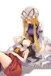  2girls ;o ascot bare_arms bare_shoulders black_hair blonde_hair bow commentary frilled_bow frilled_shirt_collar frills hair_bow hair_over_one_eye hair_tubes hakurei_reimu hand_on_own_stomach hat highres lap_pillow long_hair looking_at_another looking_up mob_cap multiple_girls one_eye_closed open_mouth rin_falcon shirt simple_background sleeveless sleeveless_shirt smile touhou white_background wide_sleeves yakumo_yukari yellow_4 yellow_eyes yuri 