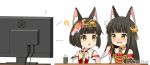  2girls :o ? animal_ear_fluff animal_ears azur_lane bangs bare_shoulders black_hair blush_stickers brown_eyes closed_mouth collarbone commentary_request cup detached_sleeves dress eyebrows_visible_through_hair flat_screen_tv flying_sweatdrops food food_on_face fox_ears hair_ornament headpiece holding holding_food japanese_clothes kimono long_hair long_sleeves looking_at_another looking_away looking_to_the_side miicha multiple_girls mutsu_(azur_lane) nagato_(azur_lane) open_mouth parted_lips red_dress red_ribbon ribbon senbei short_hair simple_background sleeveless sleeveless_kimono strapless strapless_dress television twitter_username upper_body watching_television wavy_mouth white_background white_kimono white_sleeves wide_sleeves yunomi 