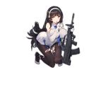  1girl accessories ankle_ribbon assault_rifle between_breasts black_hair black_legwear breast_press breasts brown_eyes bullpup covered_nipples dress eating_hair eyebrows eyebrows_visible_through_hair flats flower full_body girls_frontline gloves gun hair_flower hair_ornament hairband holding holding_gun holding_weapon impossible_clothes kishiyo large_breasts long_hair looking_at_viewer necktie official_art pantyhose qbz-95 qbz-95_(girls_frontline) ribbon rifle shoes simple_background solo squatting symbol torn_clothes torn_legwear very_long_hair watermark weapon white_background white_dress white_gloves white_hairband 
