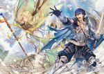  1boy 1girl armor blonde_hair blue_cape blue_eyes blue_hair blue_sky brother_and_sister cape chrom_(fire_emblem) closed_eyes closed_mouth company_name copyright_name day emmeryn_(fire_emblem) facial_mark falchion_(fire_emblem) fire_emblem fire_emblem_awakening fire_emblem_cipher forehead_mark gloves holding holding_staff holding_sword holding_weapon itou_misei long_hair official_art open_mouth outdoors short_hair siblings sky staff sword weapon 