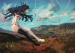  1girl black_gloves black_hair black_legwear blue_sky breasts clouds crown elbow_gloves fate/grand_order fate_(series) flying gloves grass ishtar_(fate/grand_order) long_hair midriff outdoors rean_(r_ean) red_eyes single_glove single_thighhigh sky smile solo thigh-highs two_side_up 