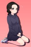  1girl asutoro_(s--t) black_dress black_eyes black_hair blush casual closed_mouth commentary dress flying_sweatdrops girls_und_panzer hair_tie hamada_(girls_und_panzer) hands_on_lap highres light_frown long_sleeves looking_at_viewer medium_hair no_socks pink_background seiza shoes short_ponytail silhouette simple_background sitting sneakers solo sweatdrop sweater sweater_dress turtleneck white_footwear 