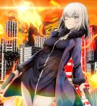  1girl black_dress blue_coat blue_eyes cityscape coat commentary cosplay day dress dual_wielding dutch_angle eyebrows_visible_through_hair fate/grand_order fate_(series) fire flame girls_und_panzer grin gun handgun highres holding holding_gun holding_weapon itsumi_erika jeanne_d&#039;arc_(alter)_(fate) jeanne_d&#039;arc_(alter)_(fate)_(cosplay) jeanne_d&#039;arc_(fate)_(all) jewelry lens_flare long_sleeves looking_at_viewer medium_hair necklace one_eye_closed open_clothes open_coat orange_sky outdoors short_dress silver_hair sky smile solo standing tom_(drpow) weapon 