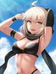  1girl :d ahoge armband armpits asymmetrical_sleeves bangs bikini black_bikini black_sleeves blonde_hair day detached_sleeves eyebrows_visible_through_hair fate_(series) highres koha-ace long_sleeves looking_at_viewer navel okita_souji_(fate) okita_souji_(fate)_(all) open_mouth outdoors rj_xiii short_hair single_sleeve smile solo swimsuit upper_body wristband yellow_eyes 