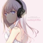  1girl bangs blue_eyes chiroyo cover_image dress english_commentary english_text eyebrows_visible_through_hair face frilled_dress frills headphones long_hair original pink_hair profile solo upper_body white_dress 