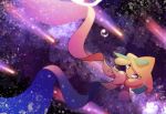  bubble floating full_body gen_3_pokemon highres jirachi legendary_pokemon no_humans no_mouth pokemon pokemon_(creature) shooting_star solo space star star_(sky) star_in_eye symbol_in_eye tears violet_eyes yukifuri_tsuyu 