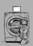  1girl breasts closed_mouth commentary_request highres kotoyama long_hair looking_at_viewer monochrome nijisanji plaid plaid_skirt school_uniform skirt solo tsukino_mito washing_machine 