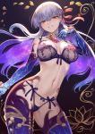  1girl bangs bare_shoulders blue_hair blush bra breasts contrapposto cowboy_shot earrings eyebrows_visible_through_hair fate/grand_order fate_(series) hair_between_eyes hair_ribbon hand_up highres jewelry kama_(fate/grand_order) large_breasts lingerie long_hair looking_at_viewer mashuu_(neko_no_oyashiro) multicolored_hair navel panties parted_lips purple_bra purple_hair purple_legwear purple_panties red_eyes red_ribbon ribbon short_hair silver_hair skindentation smile solo standing stomach thigh-highs thighlet underwear 