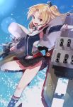  1girl american_flag american_flag_legwear american_flag_print armpits azur_lane bangs black_gloves black_skirt blonde_hair breasts capelet cleveland_(azur_lane) cocoadrive fingerless_gloves flag_print gloves jacket long_hair multicolored multicolored_clothes multicolored_legwear one_side_up open_mouth panties parted_bangs pleated_skirt red_eyes rigging side-tie_panties skirt small_breasts socks solo underwear water white_capelet 