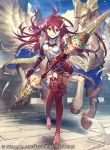  1girl blue_sky breastplate company_name copyright_name cordelia_(fire_emblem) day feathers fire_emblem fire_emblem_awakening fire_emblem_cipher full_body grin hair_ornament holding holding_weapon long_hair official_art outdoors pegasus polearm red_eyes redhead sky smile solo umiu_geso weapon wing_hair_ornament 
