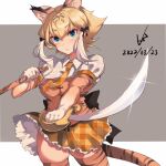 1girl absurdres animal_ears animal_print blonde_hair blue_eyes breasts closed_mouth cutlass_(sword) dated elbow_gloves expressionless eyebrows_visible_through_hair gloves highres holding holding_sword holding_weapon iparuputsua kemono_friends looking_at_viewer medium_breasts necktie orange_necktie short_hair short_sleeves signature smilodon_(kemono_friends) solo sword tail thigh-highs tiger_ears tiger_print tiger_tail weapon white_hair 