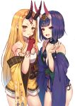  2girls :d bangs bare_shoulders blonde_hair blush breasts brown_eyes collarbone eyebrows_visible_through_hair facial_mark fang fate/grand_order fate_(series) fingernails floral_print forehead forehead_mark hand_up headpiece highres horns ibaraki_douji_(fate/grand_order) japanese_clothes kimono long_fingernails long_hair long_sleeves multiple_girls nail_polish obi off_shoulder oni oni_horns open_mouth parted_lips purple_hair purple_kimono purple_nails rangen revealing_clothes sash short_eyebrows short_hair shuten_douji_(fate/grand_order) simple_background small_breasts smile strapless thick_eyebrows very_long_hair violet_eyes white_background wide_sleeves yellow_kimono 