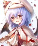  1girl :d artist_name ascot bangs bat_wings beret blue_hair blush capelet commentary_request eyebrows_visible_through_hair fang hair_between_eyes hat hat_ribbon highres looking_at_viewer open_mouth petals pudding_(skymint_028) red_eyes red_ribbon remilia_scarlet ribbon rose_petals short_hair signature simple_background skin_fang smile solo touhou upper_body white_background white_capelet white_headwear white_neckwear wings 
