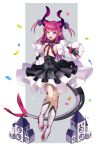  1girl absurdres arm_behind_back asymmetrical_horns bangs blue_eyes blush breasts commentary_request curled_horns detached_sleeves dragon_horns dragon_tail dress elizabeth_bathory_(fate) elizabeth_bathory_(fate)_(all) eyebrows_visible_through_hair fate/grand_order fate_(series) frills full_body gloves hair_ribbon highres holding holding_microphone horns long_hair long_tail looking_at_viewer microphone open_mouth pink_gloves pink_hair pointy_ears ribbon slaon55 small_breasts smile solo tail two_side_up 