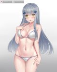  1girl bangs blunt_bangs blush bra breasts commentary_request cowboy_shot eyebrows_visible_through_hair facial_mark girls_frontline gradient gradient_background green_eyes hair_ornament highres hk416_(girls_frontline) long_hair looking_at_viewer medium_breasts navel open_mouth panties sidelocks silver_hair simple_background skindentation solo stomach teardrop thighs underwear very_long_hair vodka13 