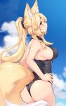  1girl absurdres animal_ear_fluff animal_ears ass blonde_hair blue_sky breasts clouds commentary_request cowboy_shot fox_ears fox_tail from_side hair_ornament hair_scrunchie hal_(h_lambda_l) hands_on_hips highres large_breasts long_hair looking_at_viewer one-piece_swimsuit original ponytail scrunchie sideboob sky solo swimsuit tail yellow_eyes 