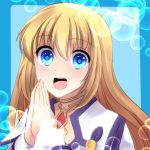  1girl :d bangs blonde_hair blue_background blue_eyes bubble character_request eyebrows_visible_through_hair floating_hair hair_between_eyes long_hair long_sleeves open_mouth portrait sakuno_ririsu smile solo tales_of_(series) very_long_hair 